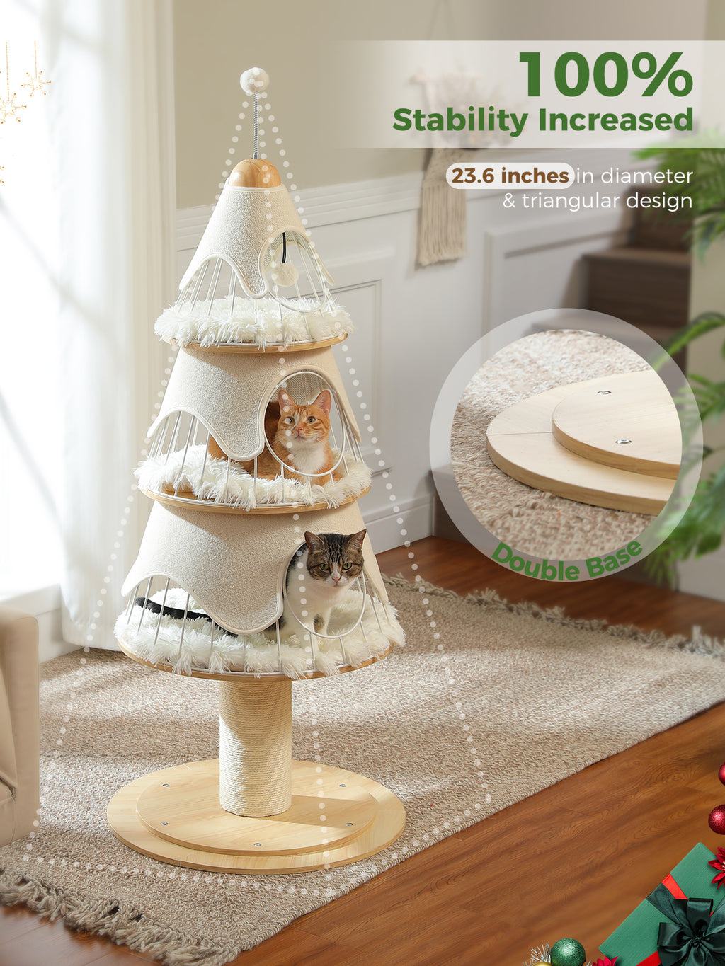 130 cm Christmas Tree Cat Tower with 3 Plush Platforms, Metal Frame, Scratching Post & Replaceable Covers – Cream White