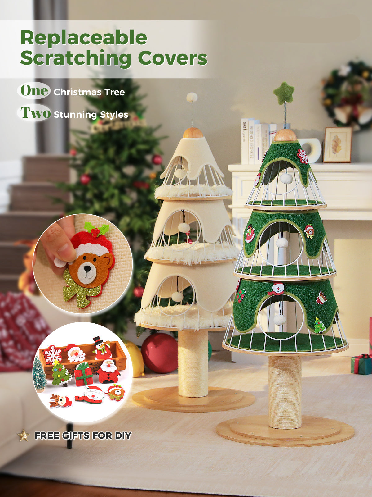 130 cm Christmas Tree Cat Tower with 3 Plush Platforms, Metal Frame, Scratching Post & Replaceable Covers – Cream White
