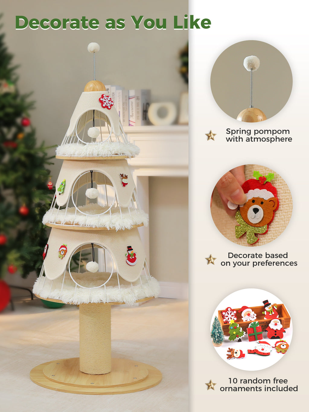 130 cm Christmas Tree Cat Tower with 3 Plush Platforms, Metal Frame, Scratching Post & Replaceable Covers – Cream White