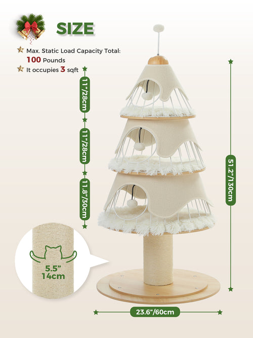130 cm Christmas Tree Cat Tower with 3 Plush Platforms, Metal Frame, Scratching Post & Replaceable Covers – Cream White
