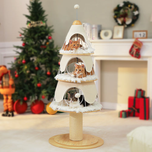 Three cats on a multi-level cat tree with a Christmas-themed room in the background.