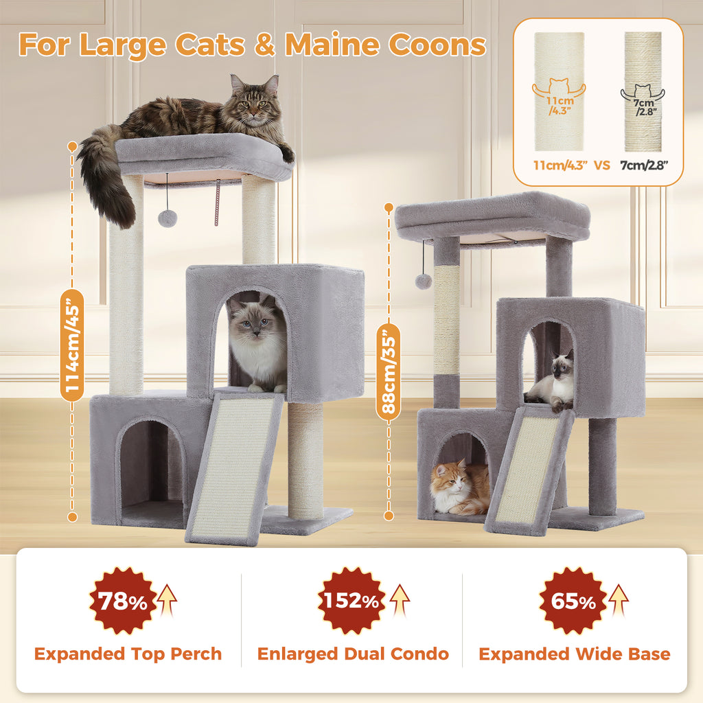 114 cm Large Cat Tree for Big Cats with 2 Condos, XL Top Perch & Sisal Scratching Ramp – Grey