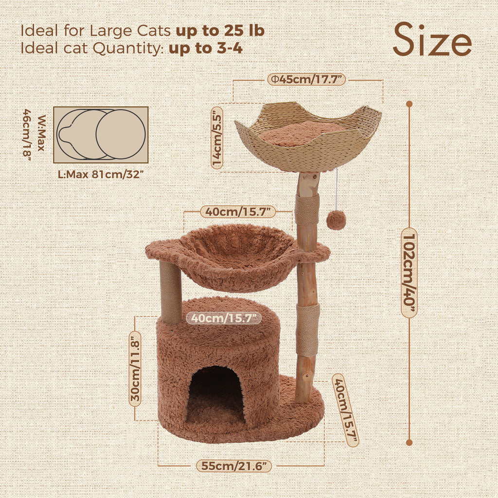 Natural Wood Cat Tree with Rattan Basket, Plush Hammock & Sisal Scratchers – Warm Brown, 102 cm