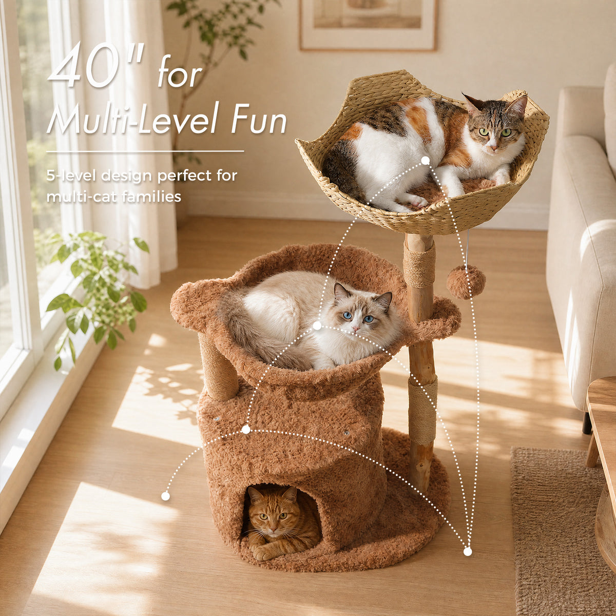 Natural Wood Cat Tree with Rattan Basket, Plush Hammock & Sisal Scratchers – Warm Brown, 102 cm