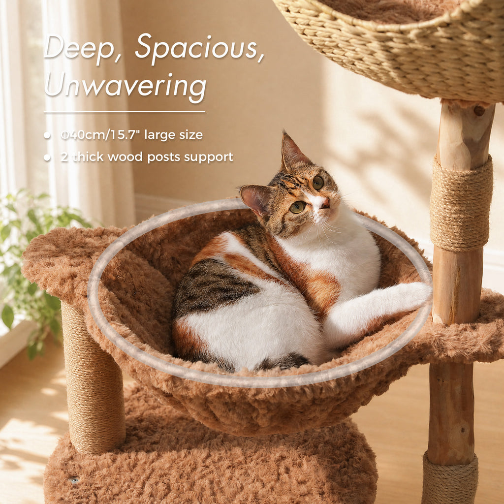 Natural Wood Cat Tree with Rattan Basket, Plush Hammock & Sisal Scratchers – Warm Brown, 102 cm