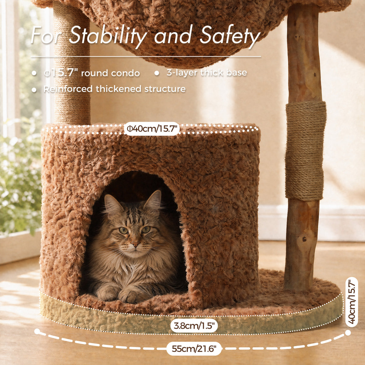 Natural Wood Cat Tree with Rattan Basket, Plush Hammock & Sisal Scratchers – Warm Brown, 102 cm