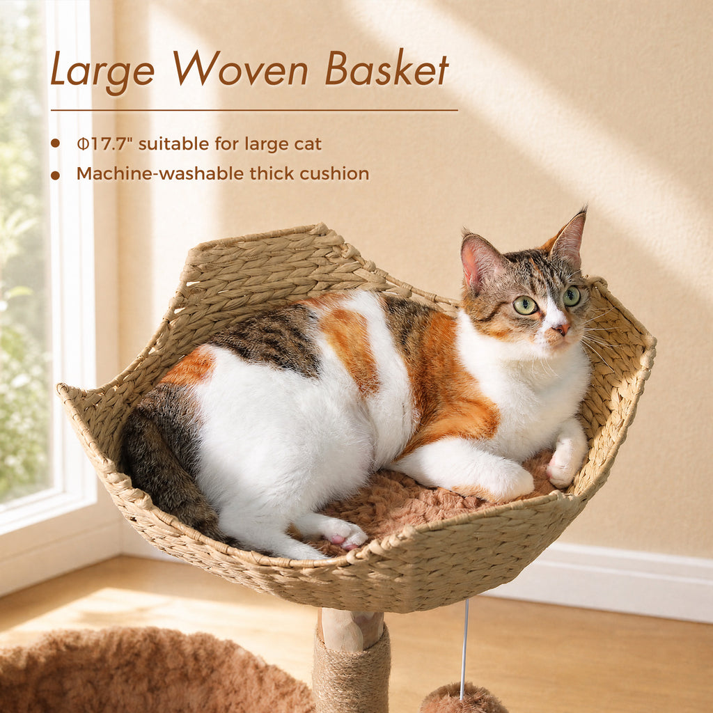 Natural Wood Cat Tree with Rattan Basket, Plush Hammock & Sisal Scratchers – Warm Brown, 102 cm