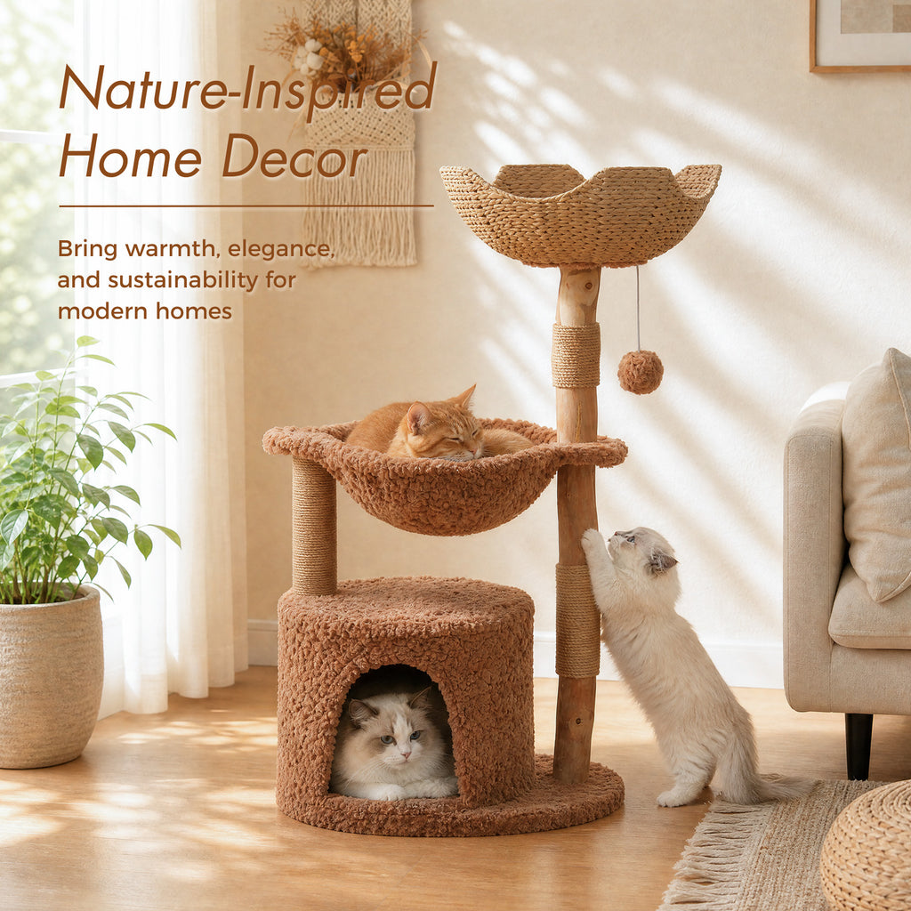 Natural Wood Cat Tree with Rattan Basket, Plush Hammock & Sisal Scratchers – Warm Brown, 102 cm