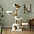 150 cm / 59 in Natural Wood Cat Tree with Woven Basket, Hammock & Flower Perches – for Multi-Cat Homes