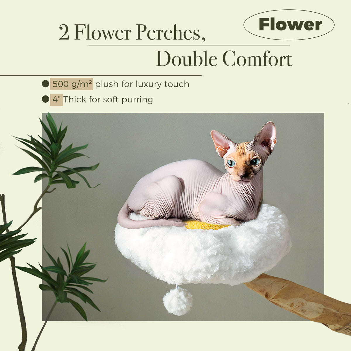 150 cm / 59 in Natural Wood Cat Tree with Woven Basket, Hammock & Flower Perches – for Multi-Cat Homes