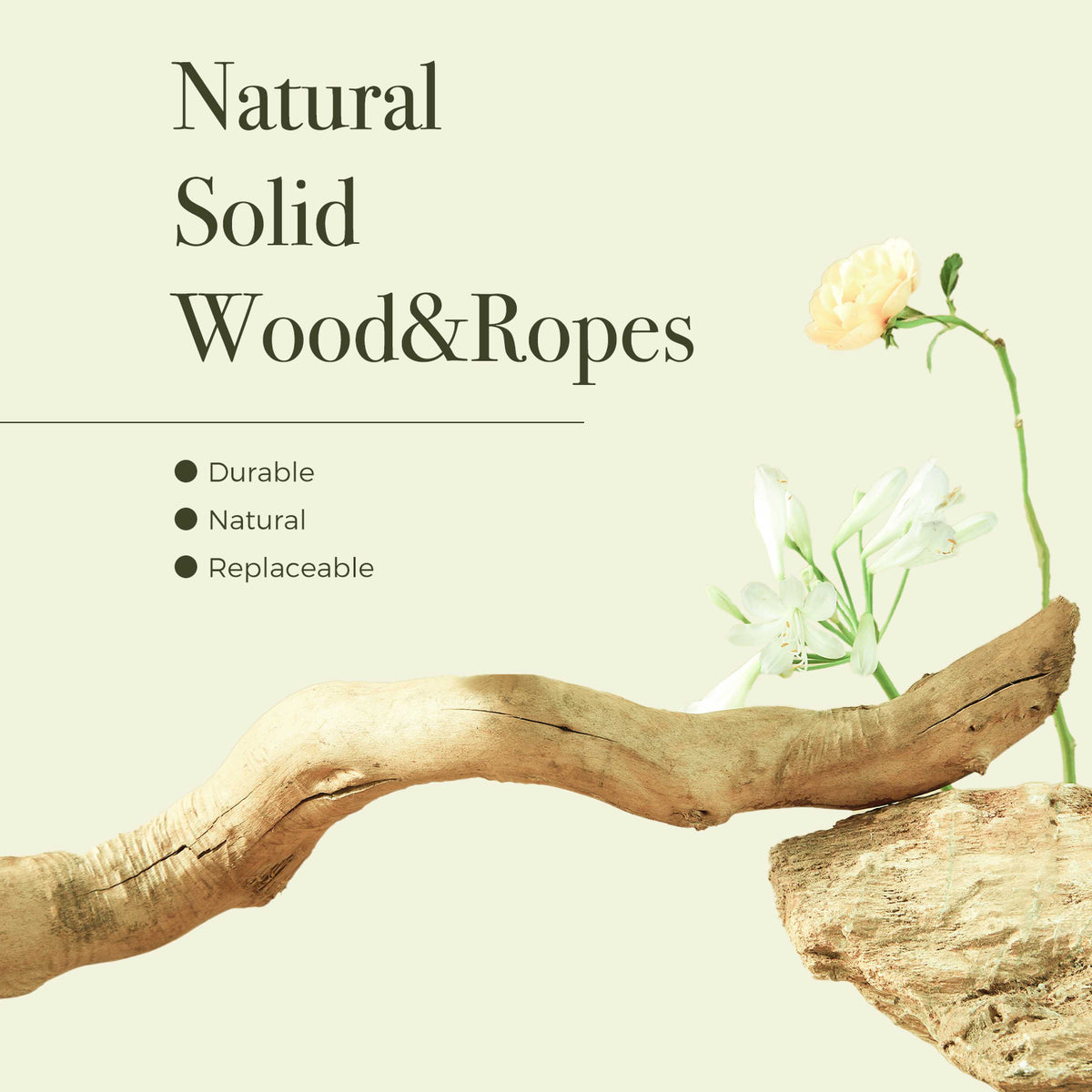 150 cm / 59 in Natural Wood Cat Tree with Woven Basket, Hammock & Flower Perches – for Multi-Cat Homes