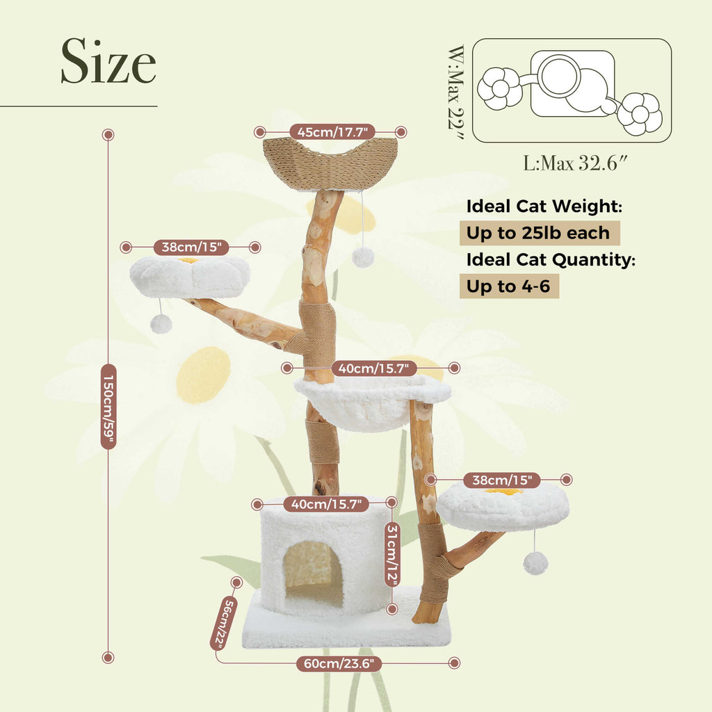150 cm / 59 in Natural Wood Cat Tree with Woven Basket, Hammock & Flower Perches – for Multi-Cat Homes