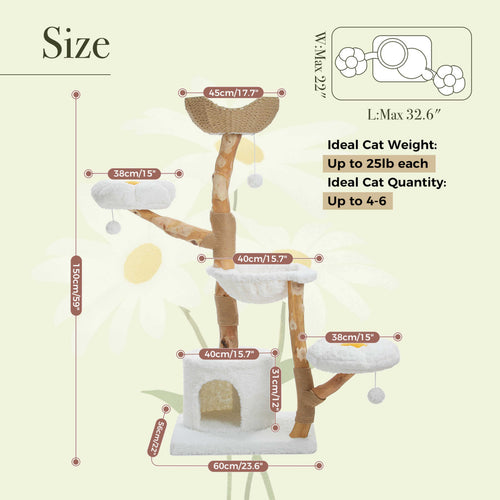 150 cm / 59 in Natural Wood Cat Tree with Woven Basket, Hammock & Flower Perches – for Multi-Cat Homes