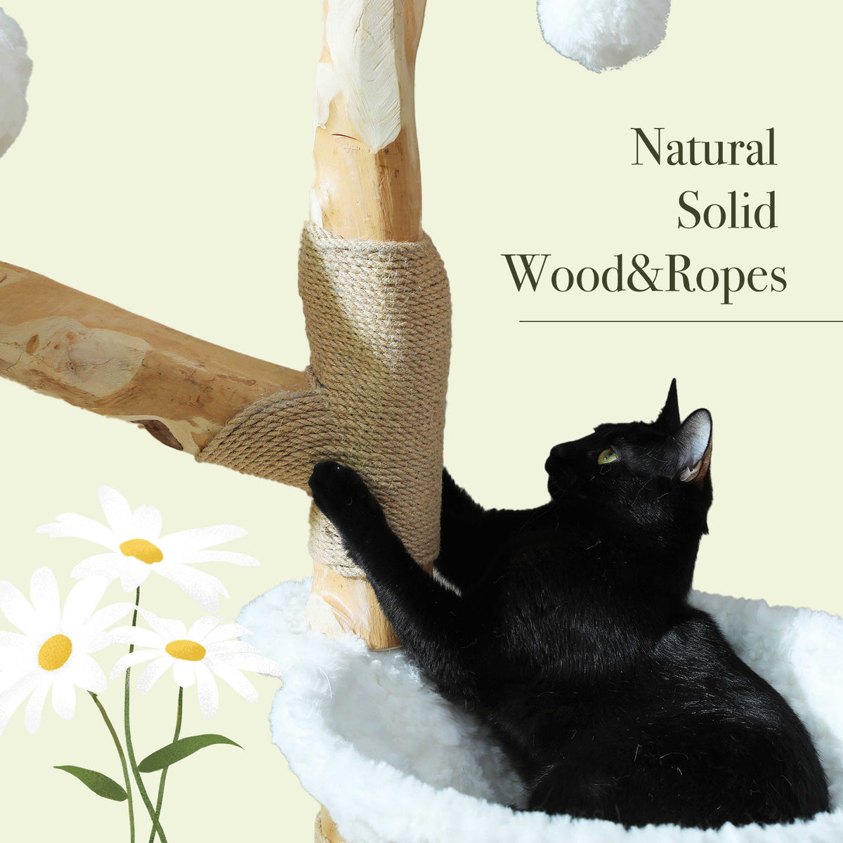 150 cm / 59 in Natural Wood Cat Tree with Woven Basket, Hammock & Flower Perches – for Multi-Cat Homes