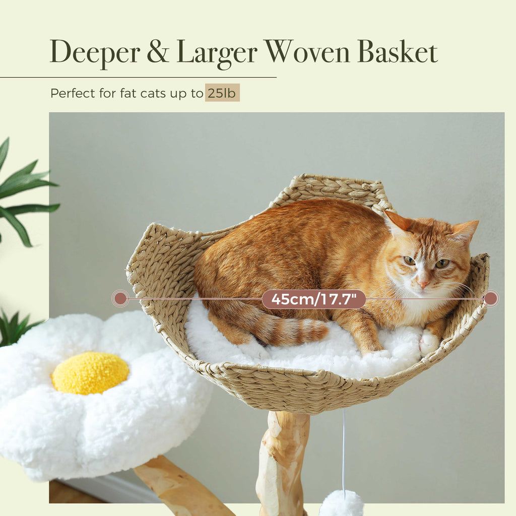 150 cm / 59 in Natural Wood Cat Tree with Woven Basket, Hammock & Flower Perches – for Multi-Cat Homes