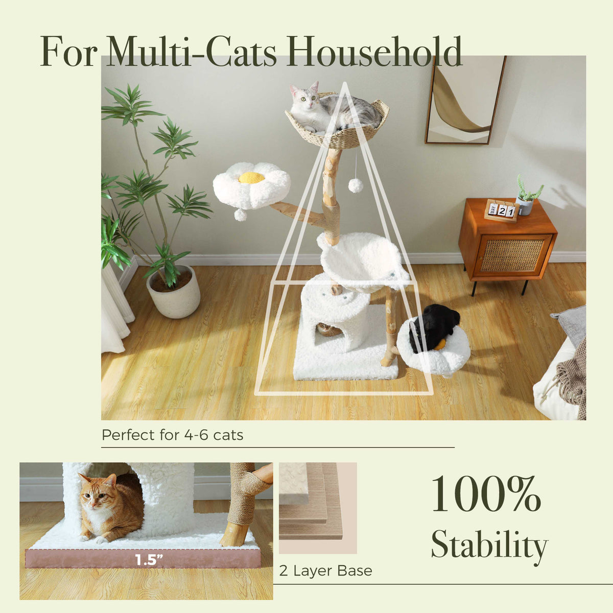 150 cm / 59 in Natural Wood Cat Tree with Woven Basket, Hammock & Flower Perches – for Multi-Cat Homes