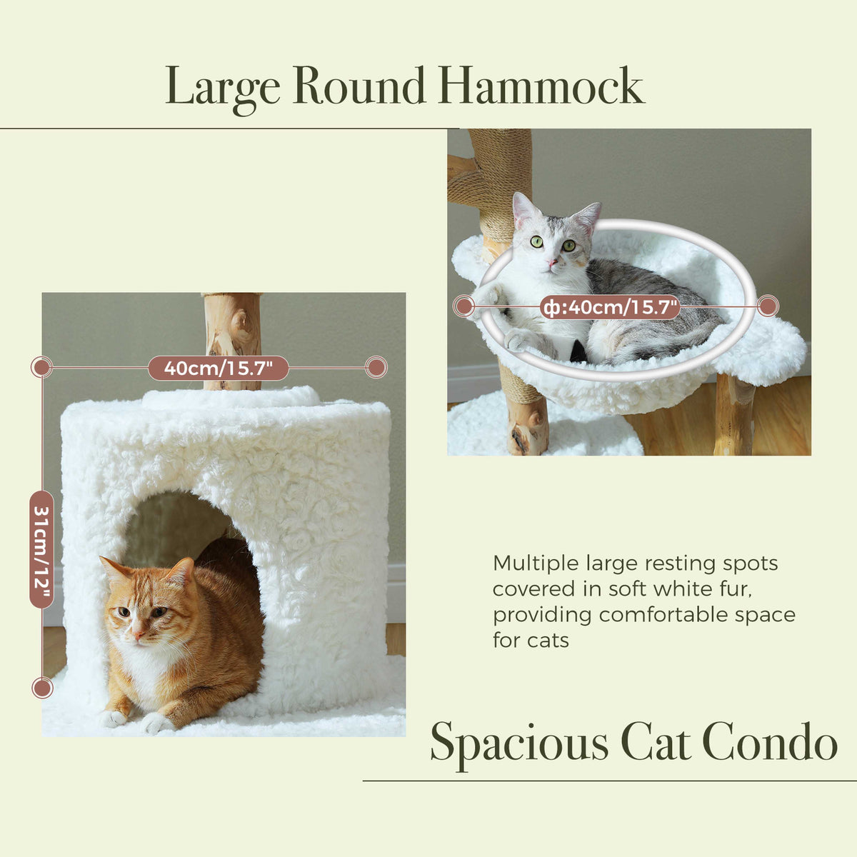 150 cm / 59 in Natural Wood Cat Tree with Woven Basket, Hammock & Flower Perches – for Multi-Cat Homes