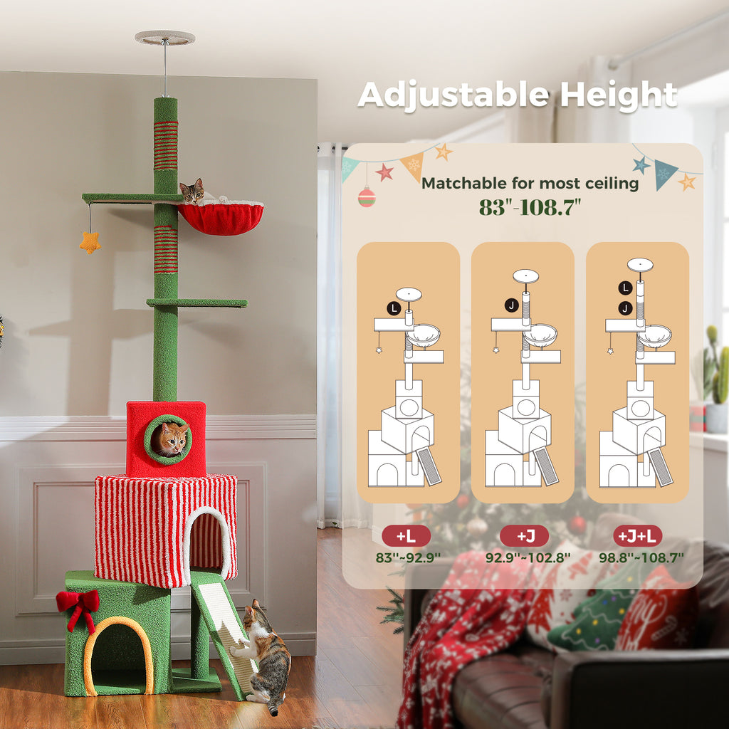 Adjustable Christmas Floor-to-Ceiling Cat Tree with 3 Condos, Hammock & Sisal Scratching Posts – 211–276 cm / 83–108.7 in
