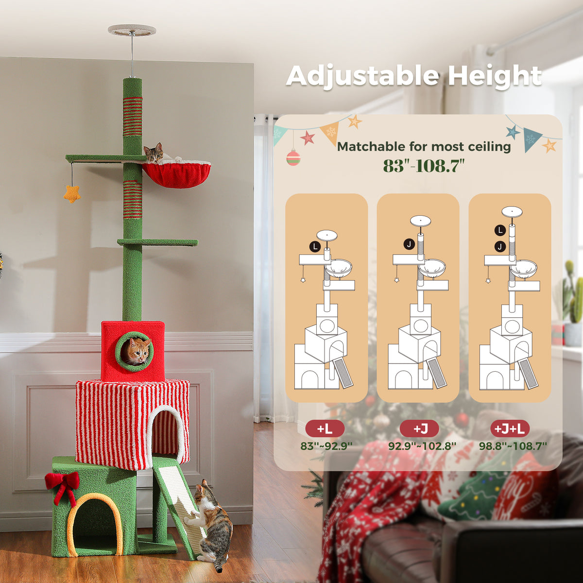 Adjustable Christmas Floor-to-Ceiling Cat Tree with 3 Condos, Hammock & Sisal Scratching Posts – 211–276 cm / 83–108.7 in