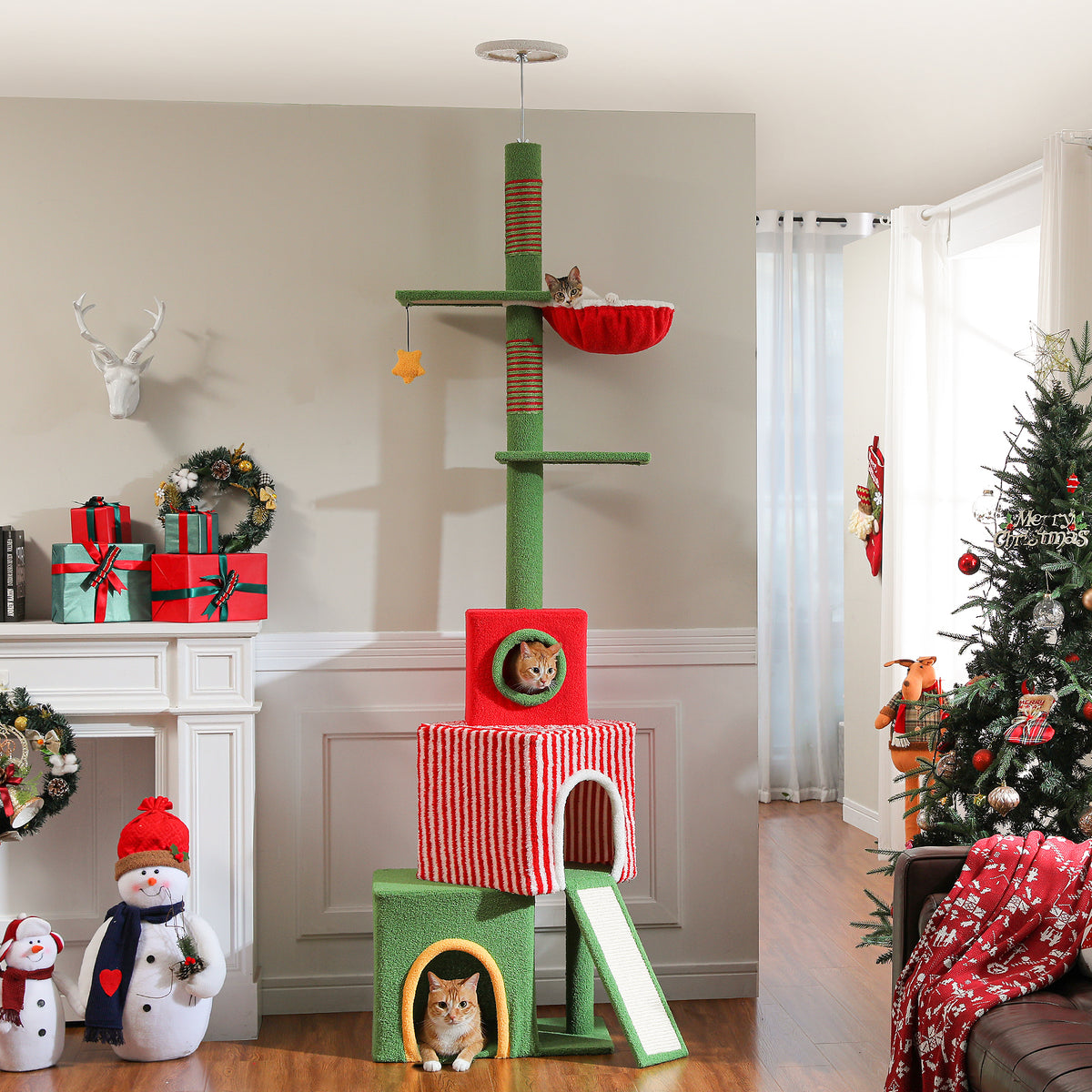 Adjustable Christmas Floor-to-Ceiling Cat Tree with 3 Condos, Hammock & Sisal Scratching Posts – 211–276 cm / 83–108.7 in