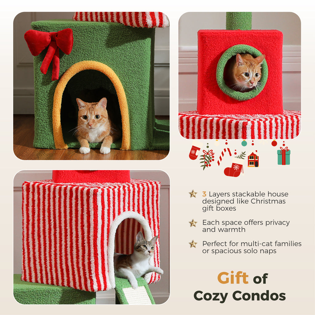 Adjustable Christmas Floor-to-Ceiling Cat Tree with 3 Condos, Hammock & Sisal Scratching Posts – 211–276 cm / 83–108.7 in