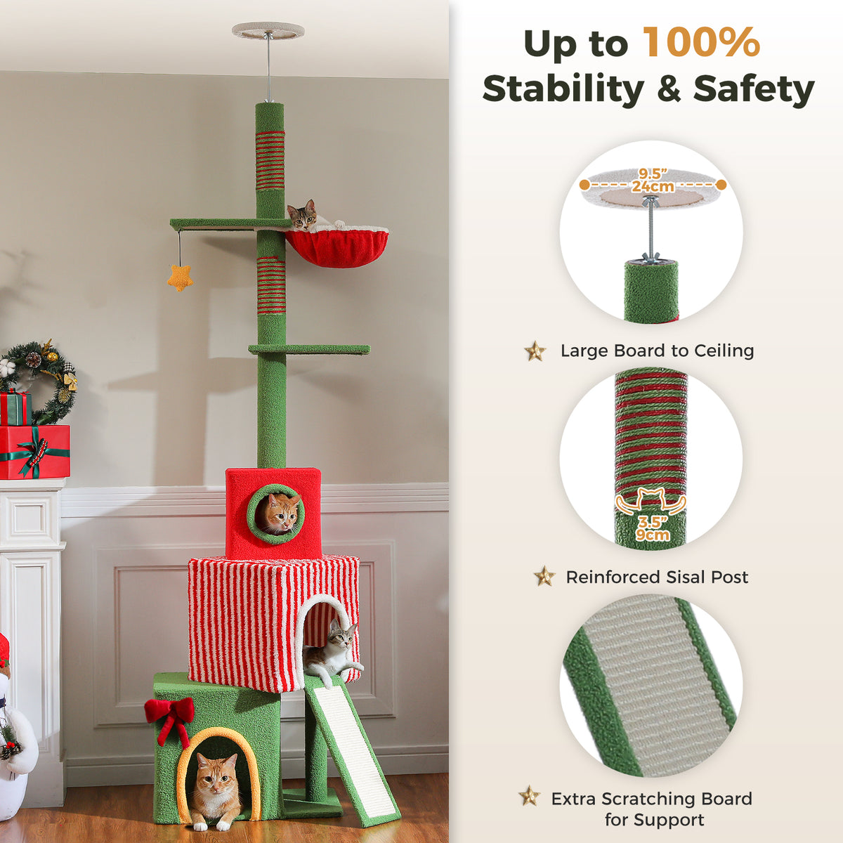 Adjustable Christmas Floor-to-Ceiling Cat Tree with 3 Condos, Hammock & Sisal Scratching Posts – 211–276 cm / 83–108.7 in