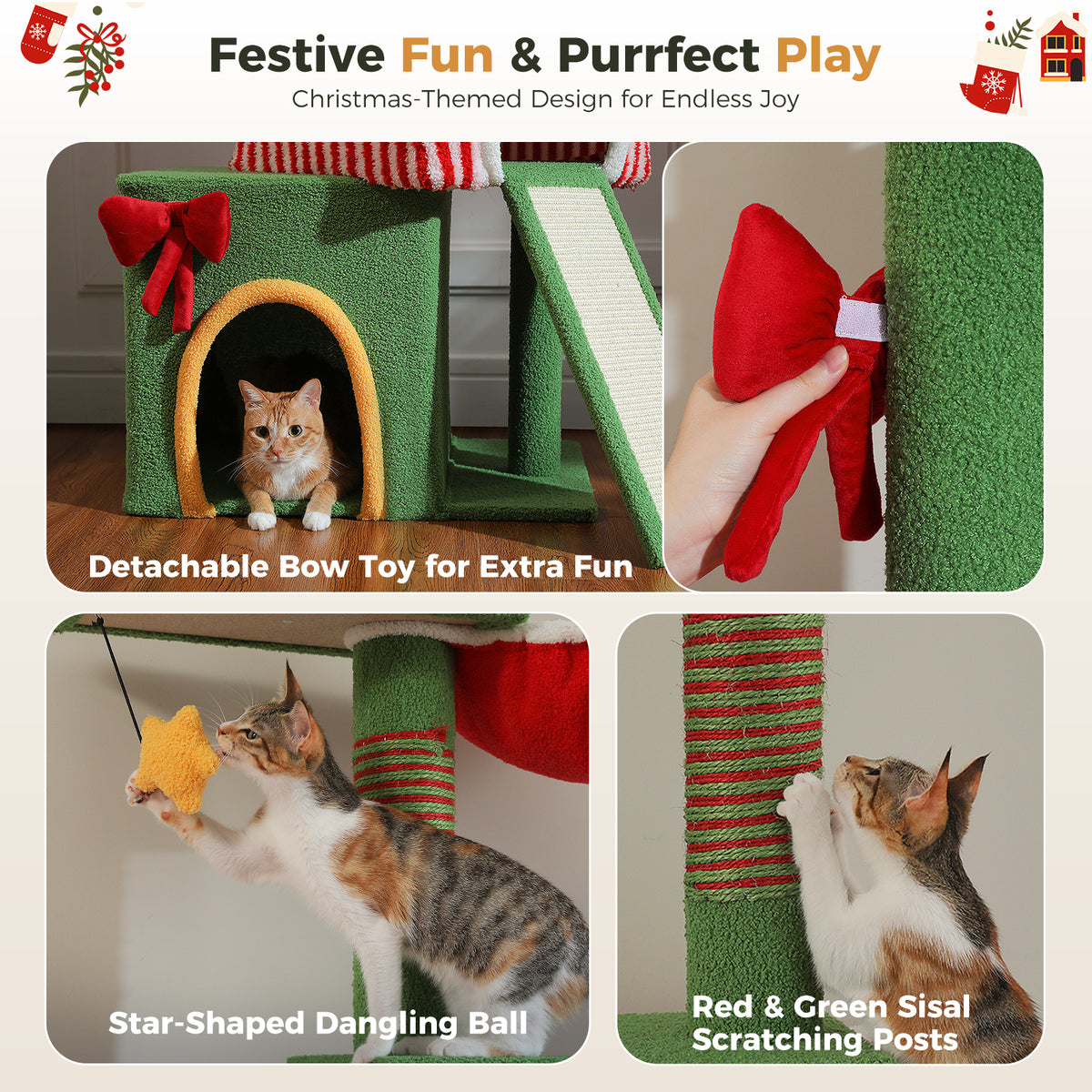 Adjustable Christmas Floor-to-Ceiling Cat Tree with 3 Condos, Hammock & Sisal Scratching Posts – 211–276 cm / 83–108.7 in