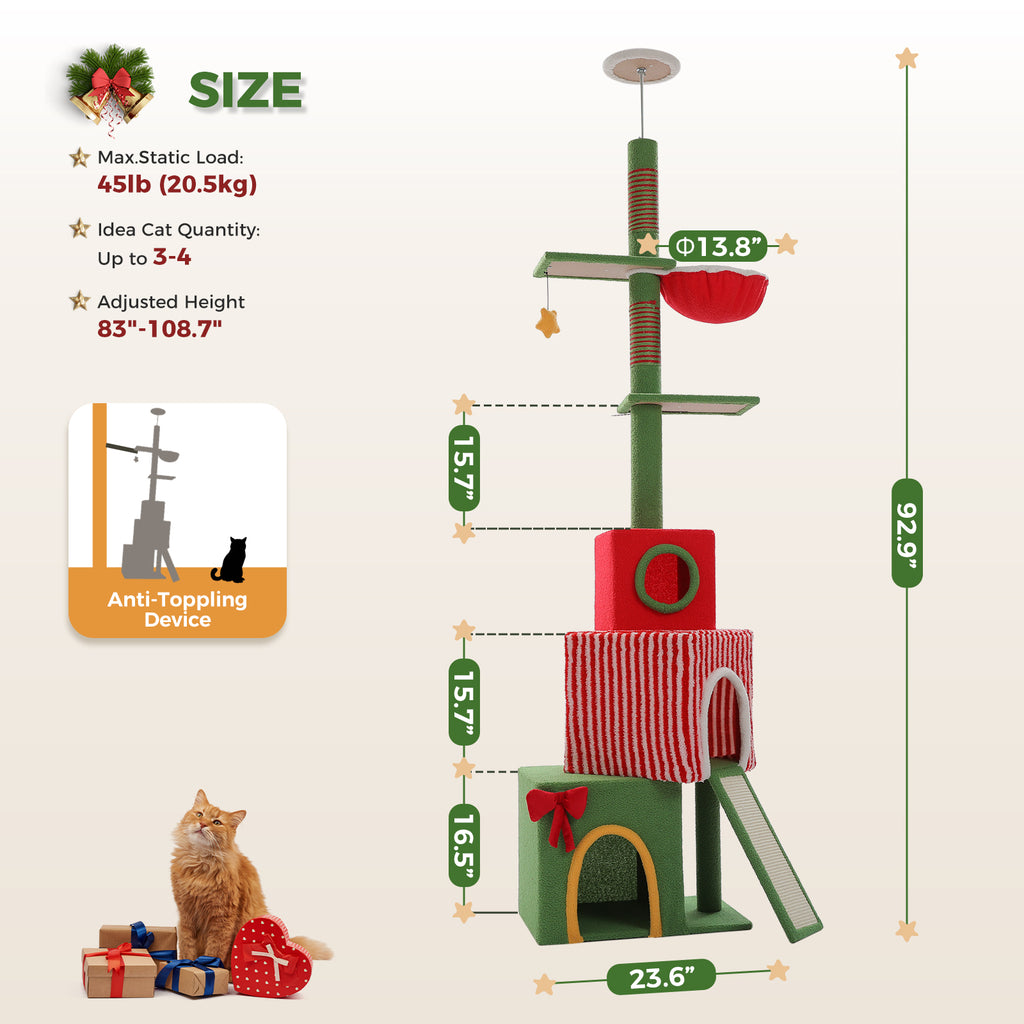 Adjustable Christmas Floor-to-Ceiling Cat Tree with 3 Condos, Hammock & Sisal Scratching Posts – 211–276 cm / 83–108.7 in