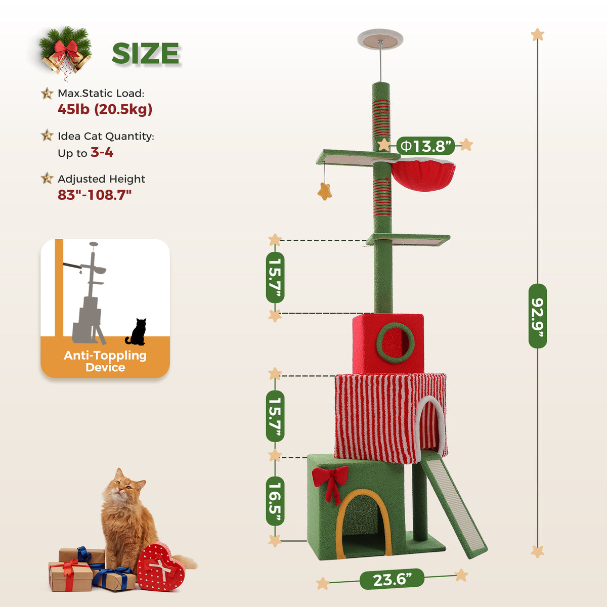 Adjustable Christmas Floor-to-Ceiling Cat Tree with 3 Condos, Hammock & Sisal Scratching Posts – 211–276 cm / 83–108.7 in