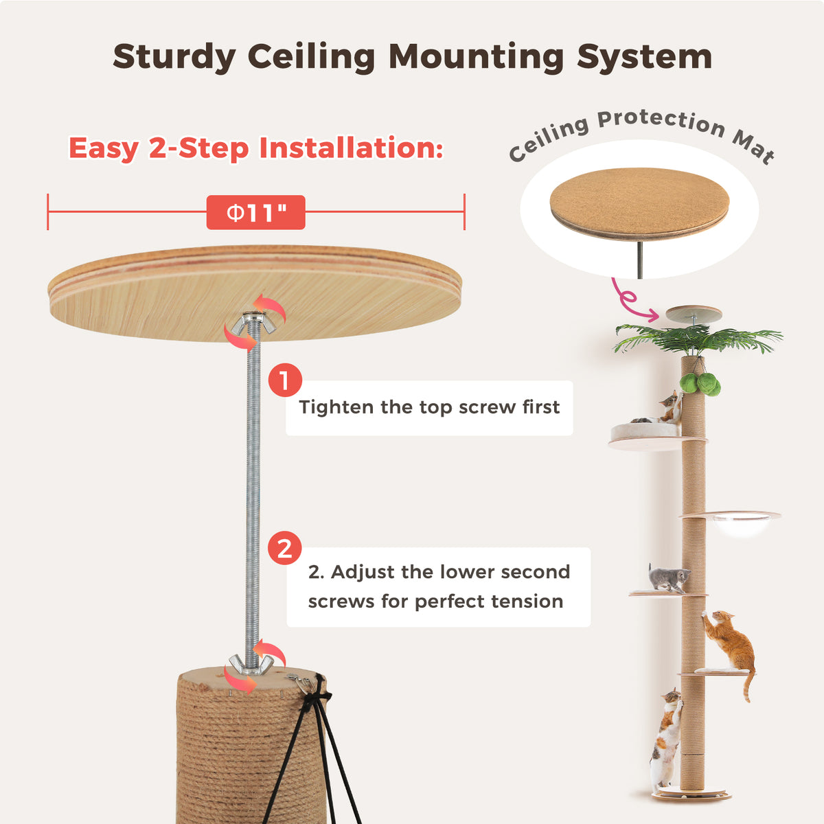 Adjustable Floor-to-Ceiling Cat Tree with Capsule Bed & Scratching Post – 245–305 cm / 96.6–120.2 in