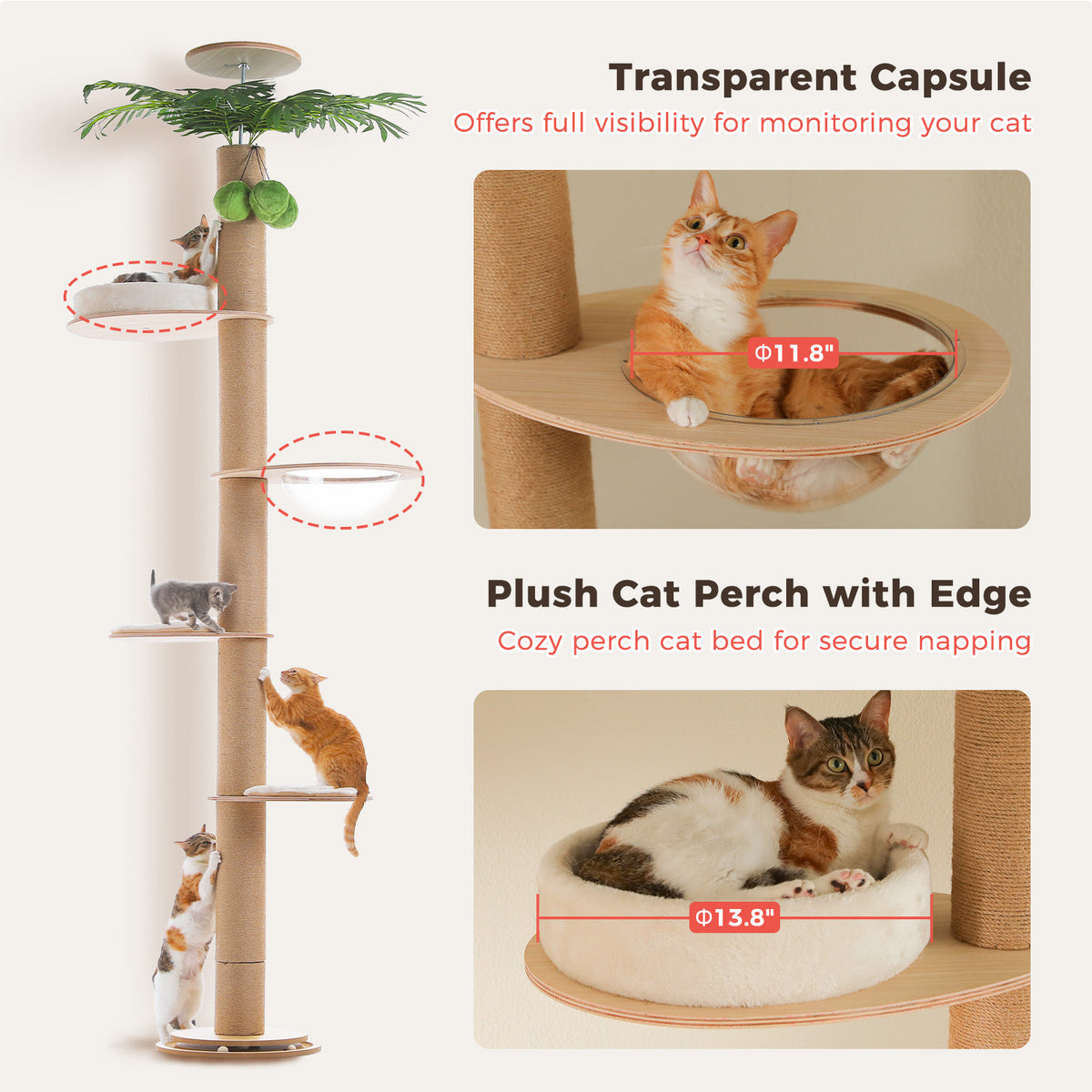 Adjustable Floor-to-Ceiling Cat Tree with Capsule Bed & Scratching Post – 245–305 cm / 96.6–120.2 in