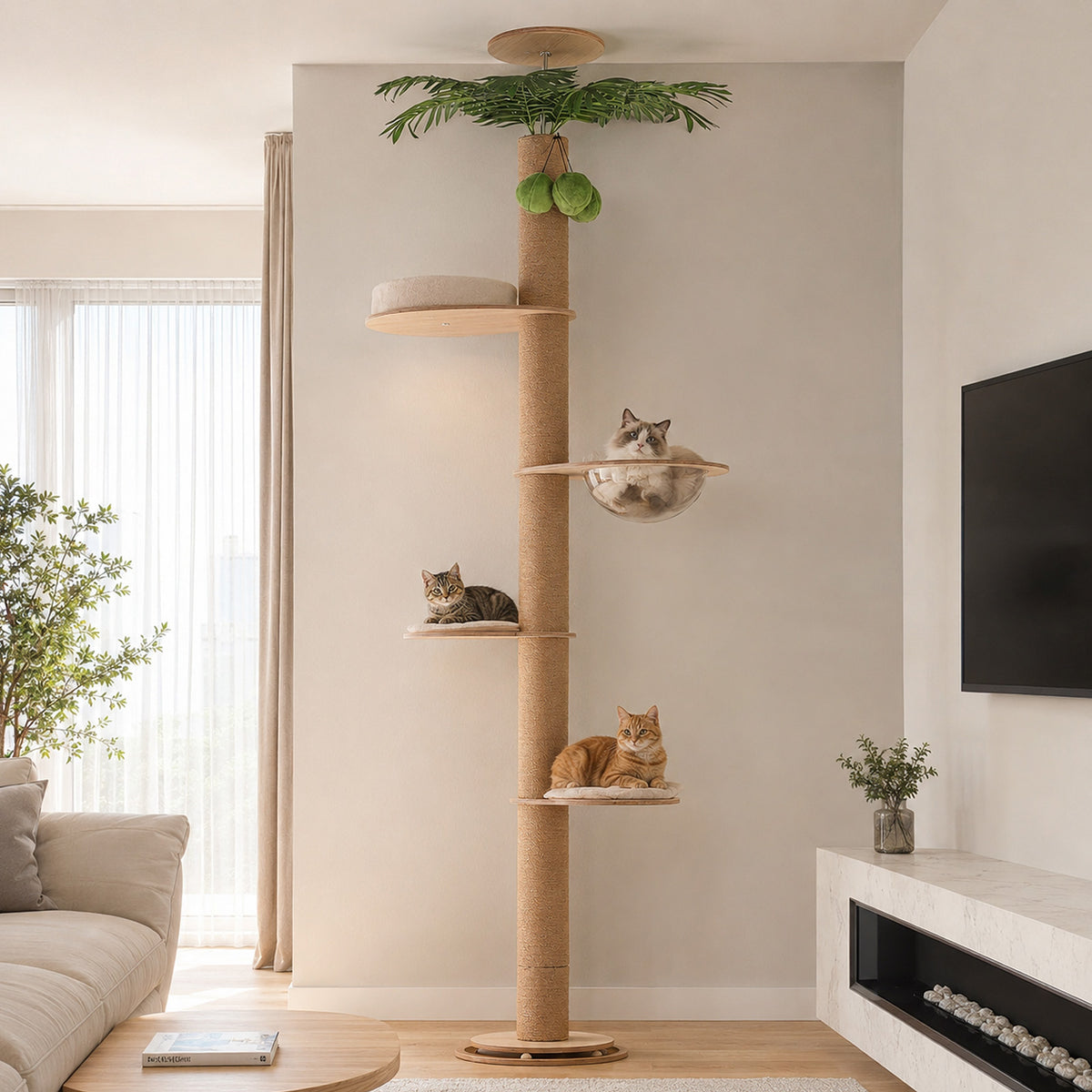 Adjustable Floor-to-Ceiling Cat Tree with Capsule Bed & Scratching Post – 245–305 cm / 96.6–120.2 in