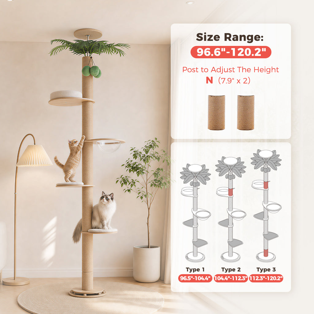 Adjustable Floor-to-Ceiling Cat Tree with Capsule Bed & Scratching Post – 245–305 cm / 96.6–120.2 in