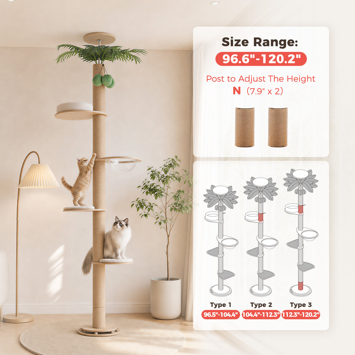 Adjustable Floor-to-Ceiling Cat Tree with Capsule Bed & Scratching Post – 245–305 cm / 96.6–120.2 in