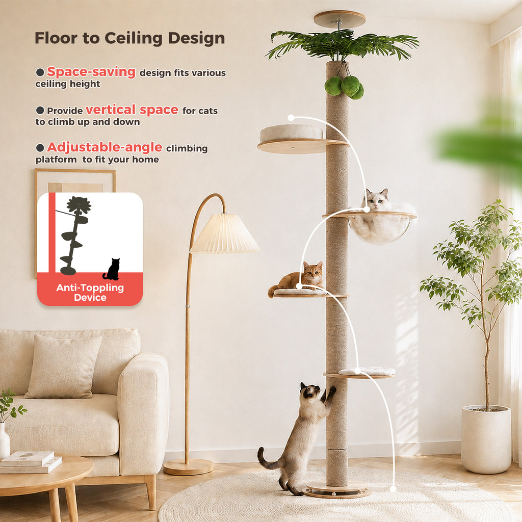 Adjustable Floor-to-Ceiling Cat Tree with Capsule Bed & Scratching Post – 245–305 cm / 96.6–120.2 in