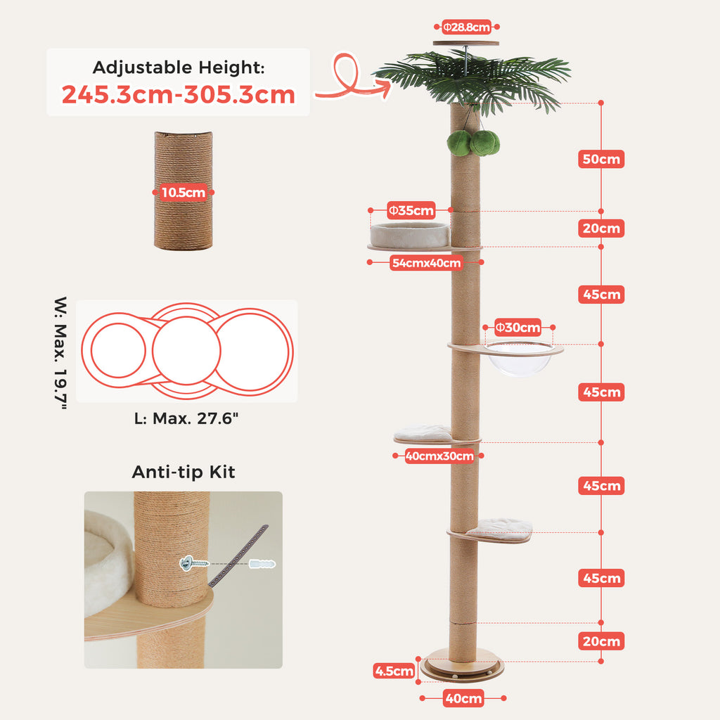 Adjustable Floor-to-Ceiling Cat Tree with Capsule Bed & Scratching Post – 245–305 cm / 96.6–120.2 in