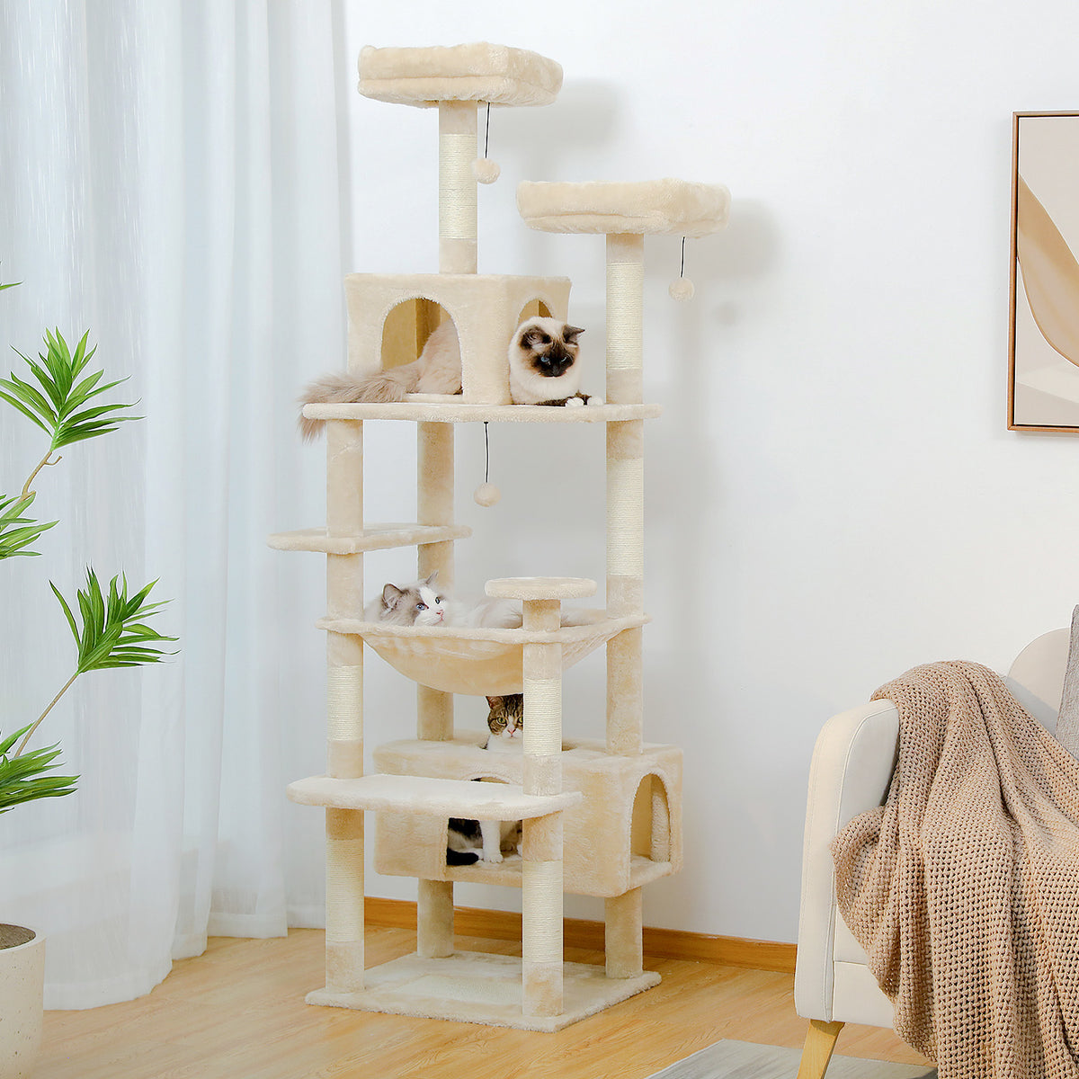 184 cm Floral Cat Tree with 3-Door Condo, XL Hammock, Sisal Scratch Posts & Flower Beds