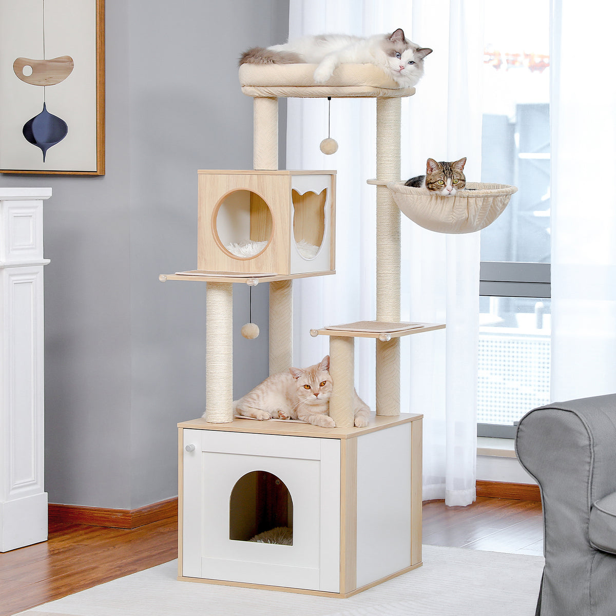 146 cm Cat Tree with Hidden Litter Tray Cabinet, Cat Condo, Hammock & Sisal Scratch Posts