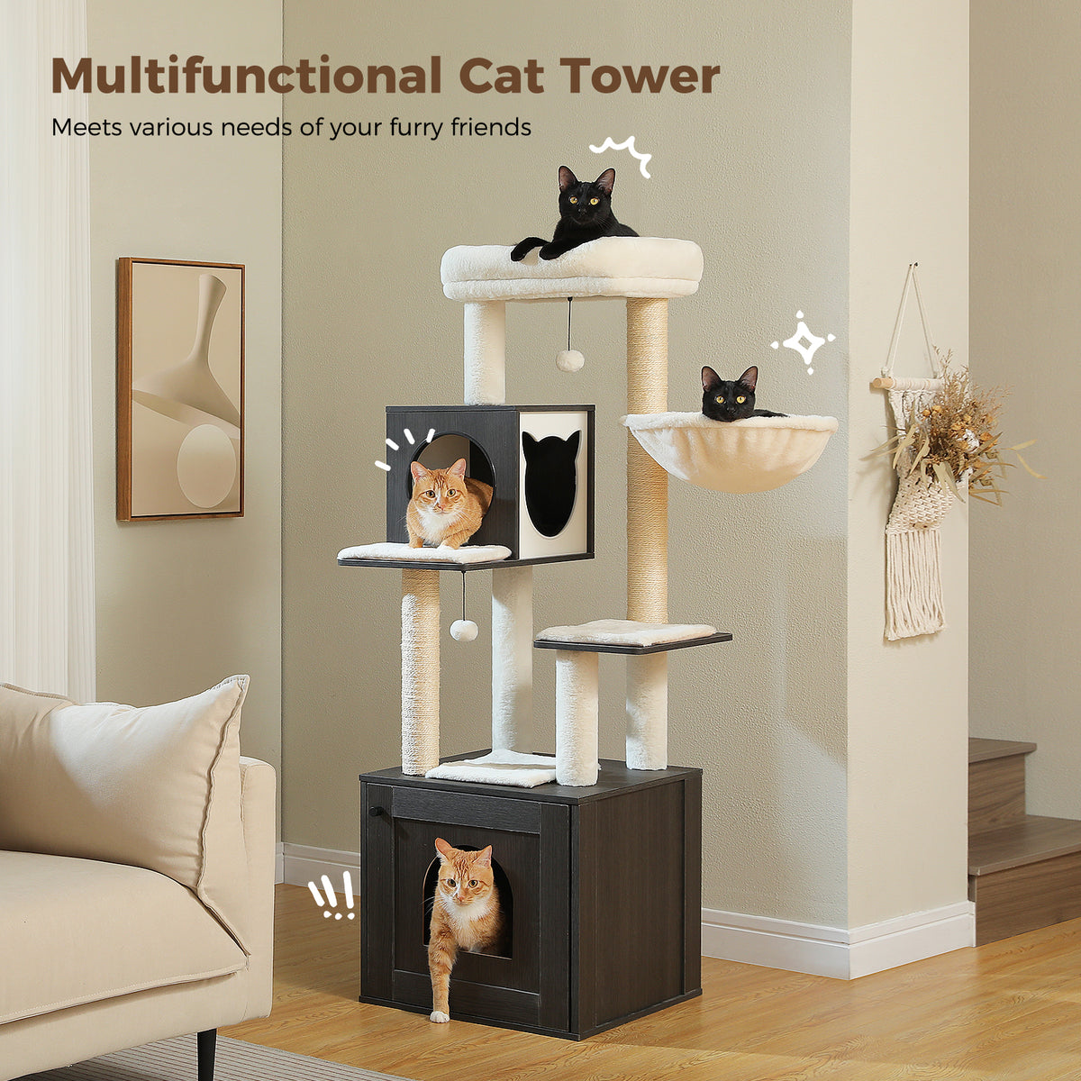 146 cm Wooden Cat Tree with Large Base Condo, Hammock, Sisal Posts & Top Bed – Natural Wood