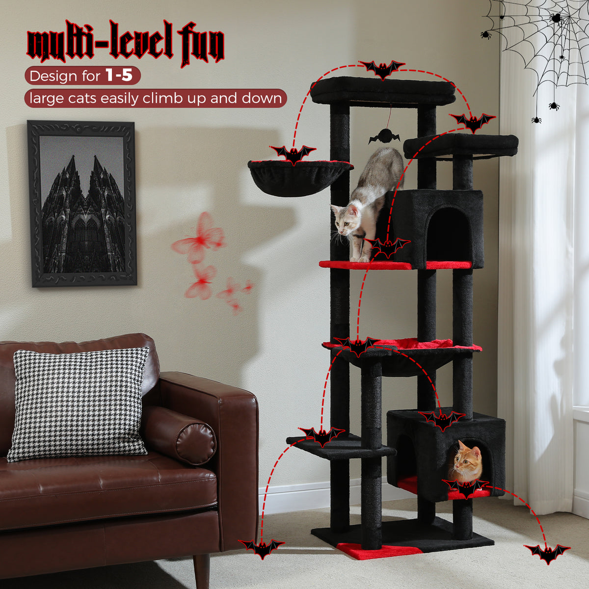 5-Tier Cat Tree with 2 Condos, Hammock, Sisal Scratching Posts & Wall Anchor – Green, 175 cm