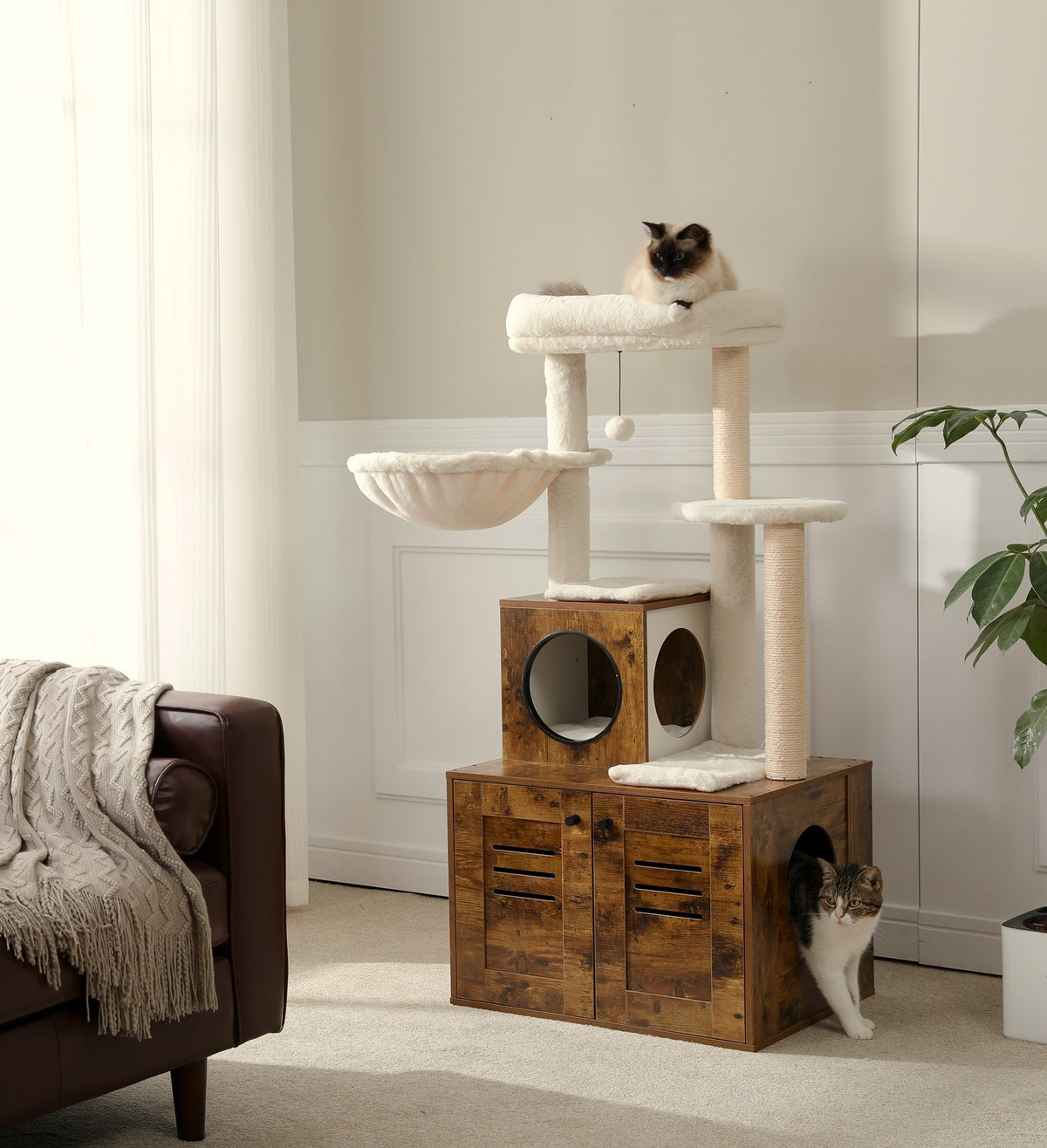 Multi-Level Cat Tree with Hidden Litter Tray, Scratching Posts & Hammock – 121 cm