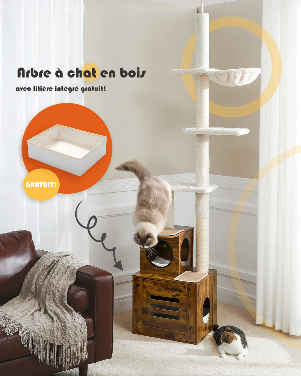 Floor-to-Ceiling Cat Tree with Litter Box Enclosure, 240–280 cm Adjustable Cat Tower, Condo, Hammock & Sisal Posts