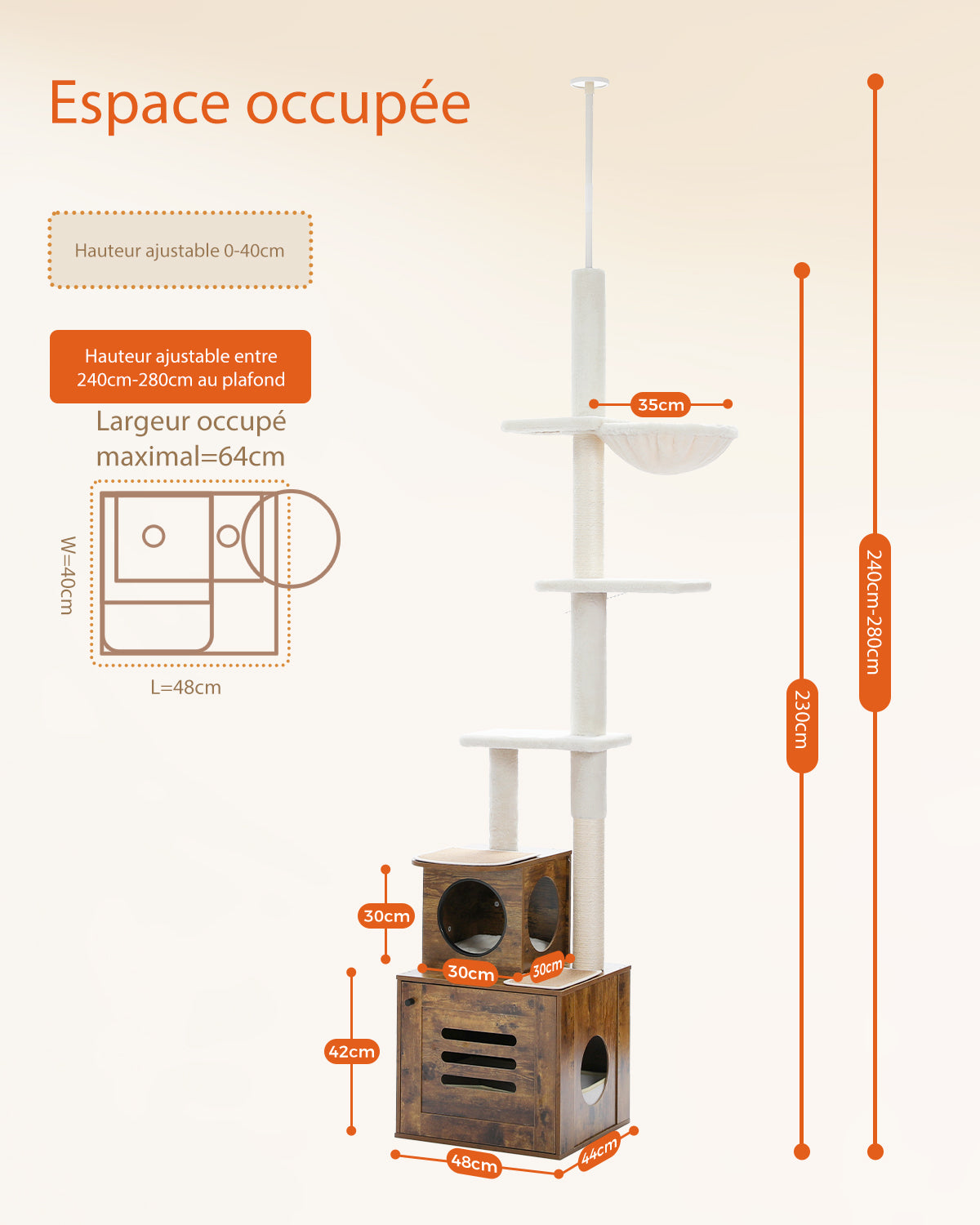 Floor-to-Ceiling Cat Tree with Litter Box Enclosure, 240–280 cm Adjustable Cat Tower, Condo, Hammock & Sisal Posts