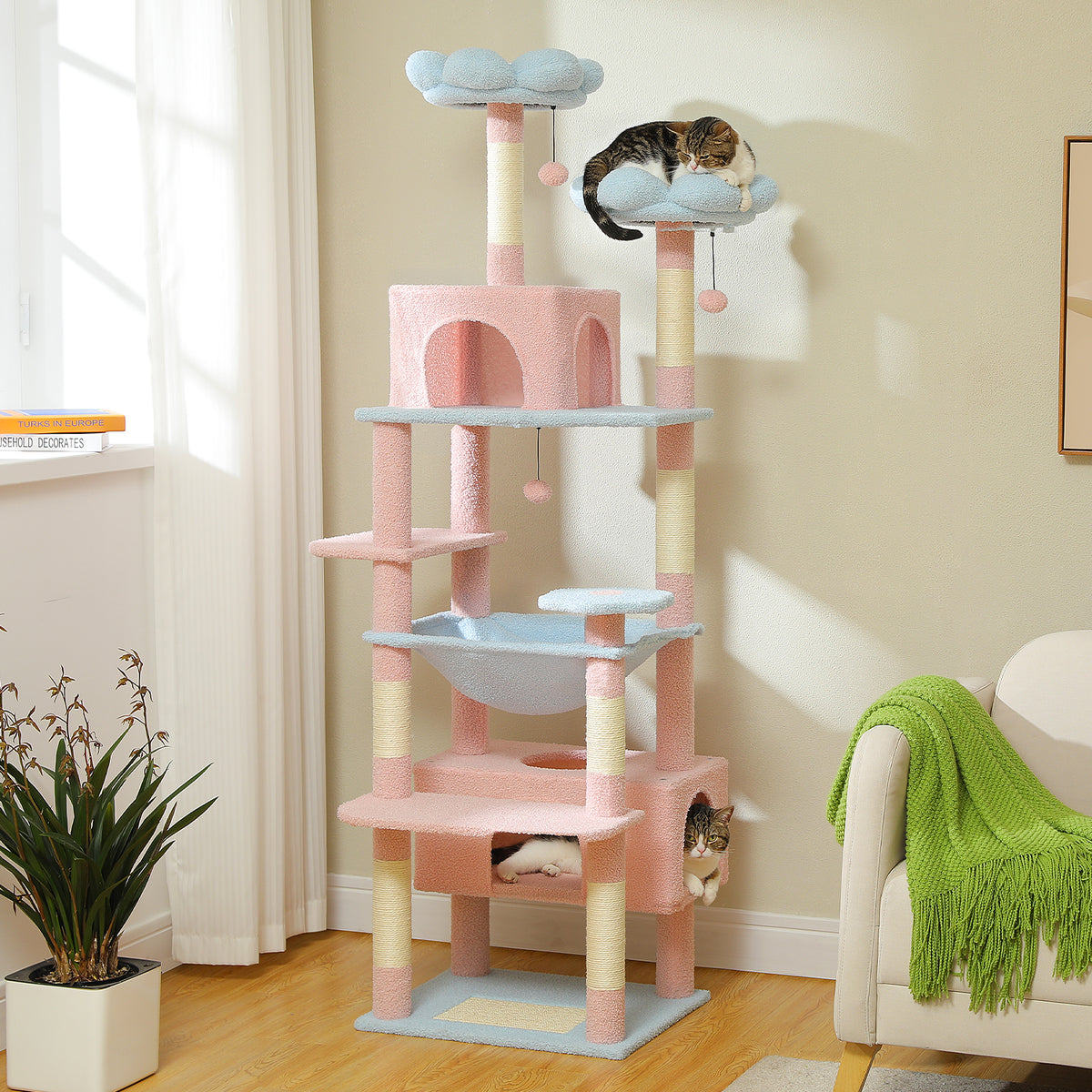 184 cm Floral Cat Tree with 3-Door Condo, XL Hammock, Sisal Scratch Posts & Flower Beds