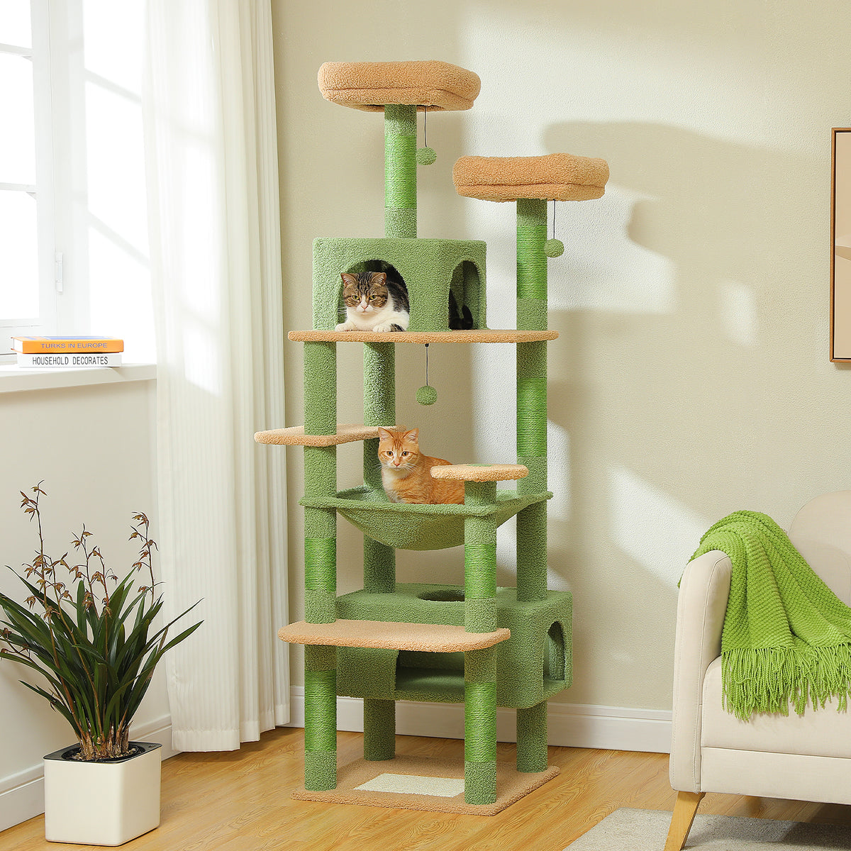 184 cm Floral Cat Tree with 3-Door Condo, XL Hammock, Sisal Scratch Posts & Flower Beds