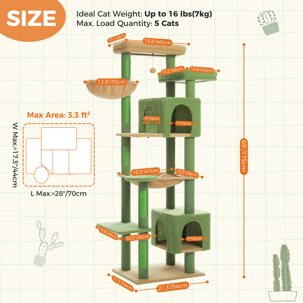 5-Tier Cat Tree with 2 Condos, Hammock, Sisal Scratching Posts & Wall Anchor – Green, 175 cm