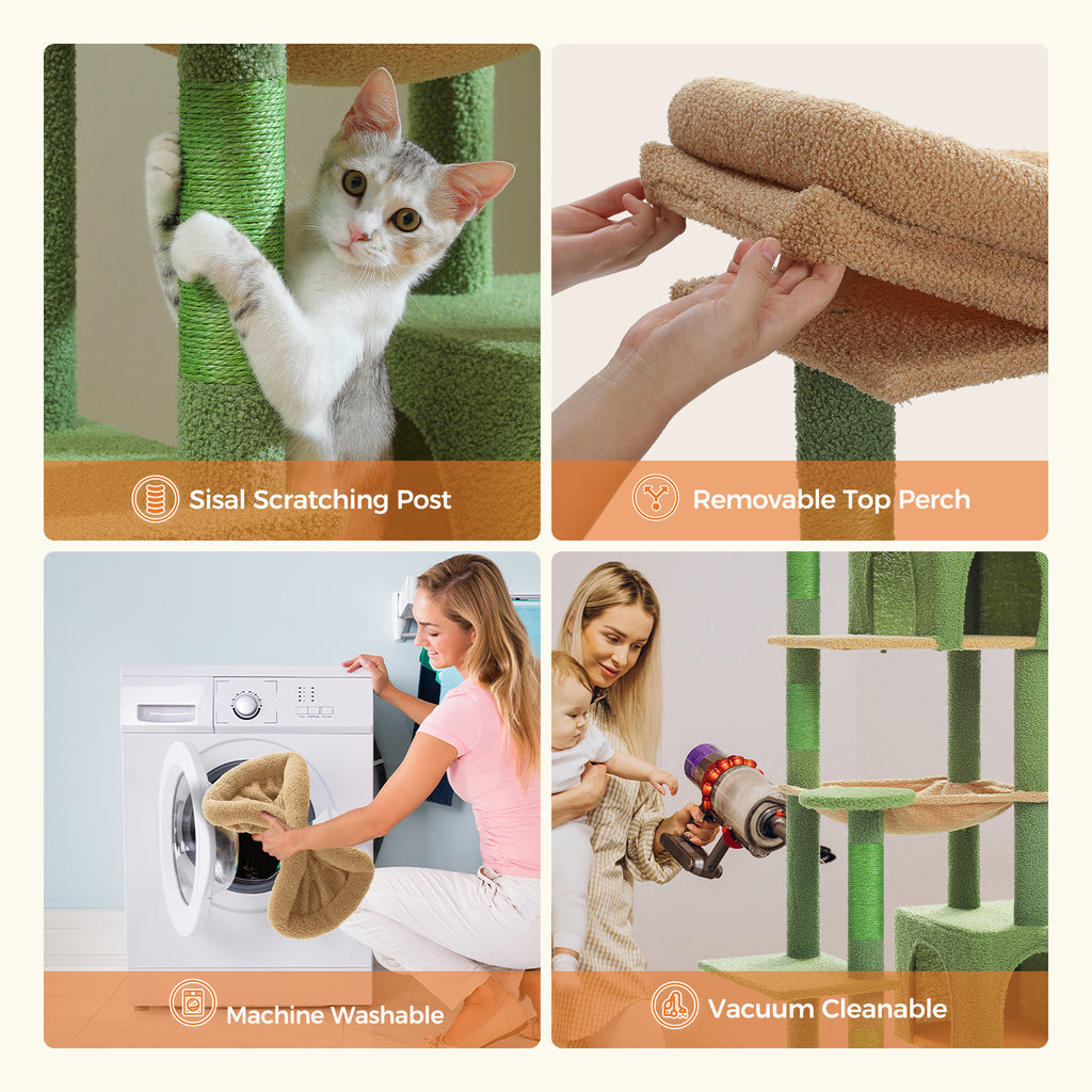 5-Tier Cat Tree with 2 Condos, Hammock, Sisal Scratching Posts & Wall Anchor – Green, 175 cm