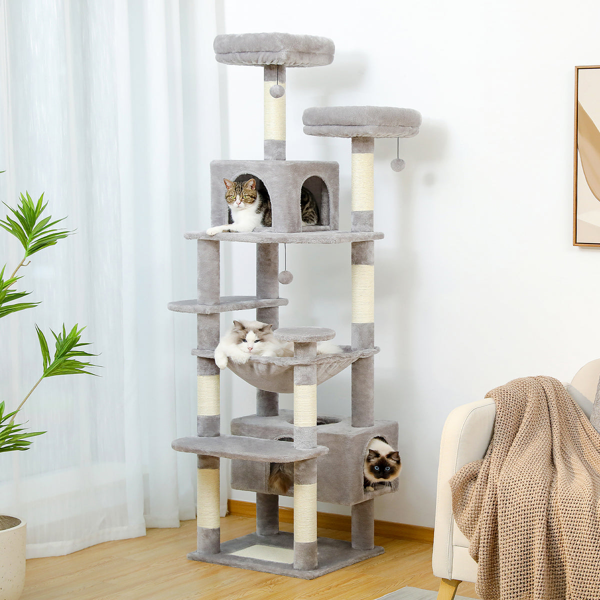 184 cm Floral Cat Tree with 3-Door Condo, XL Hammock, Sisal Scratch Posts & Flower Beds