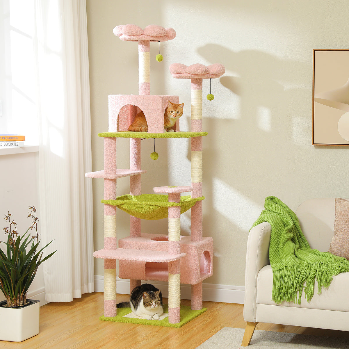 184 cm Floral Cat Tree with 3-Door Condo, XL Hammock, Sisal Scratch Posts & Flower Beds
