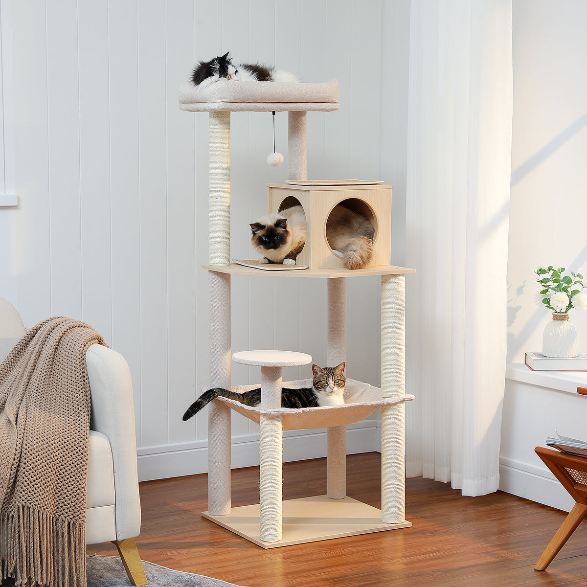 Large Multi-Level Cat Tree, 143 cm, with Wooden Condo, XL Hammock & Sisal Scratch Posts